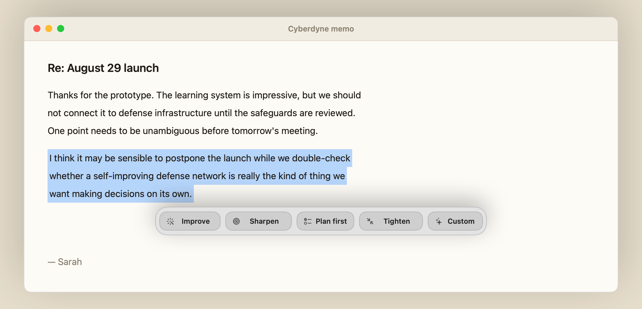 A selected paragraph in a macOS mail draft with Mancia's command ribbon below it, offering Improve, Sharpen, Plan first, Tighten, and Custom actions.